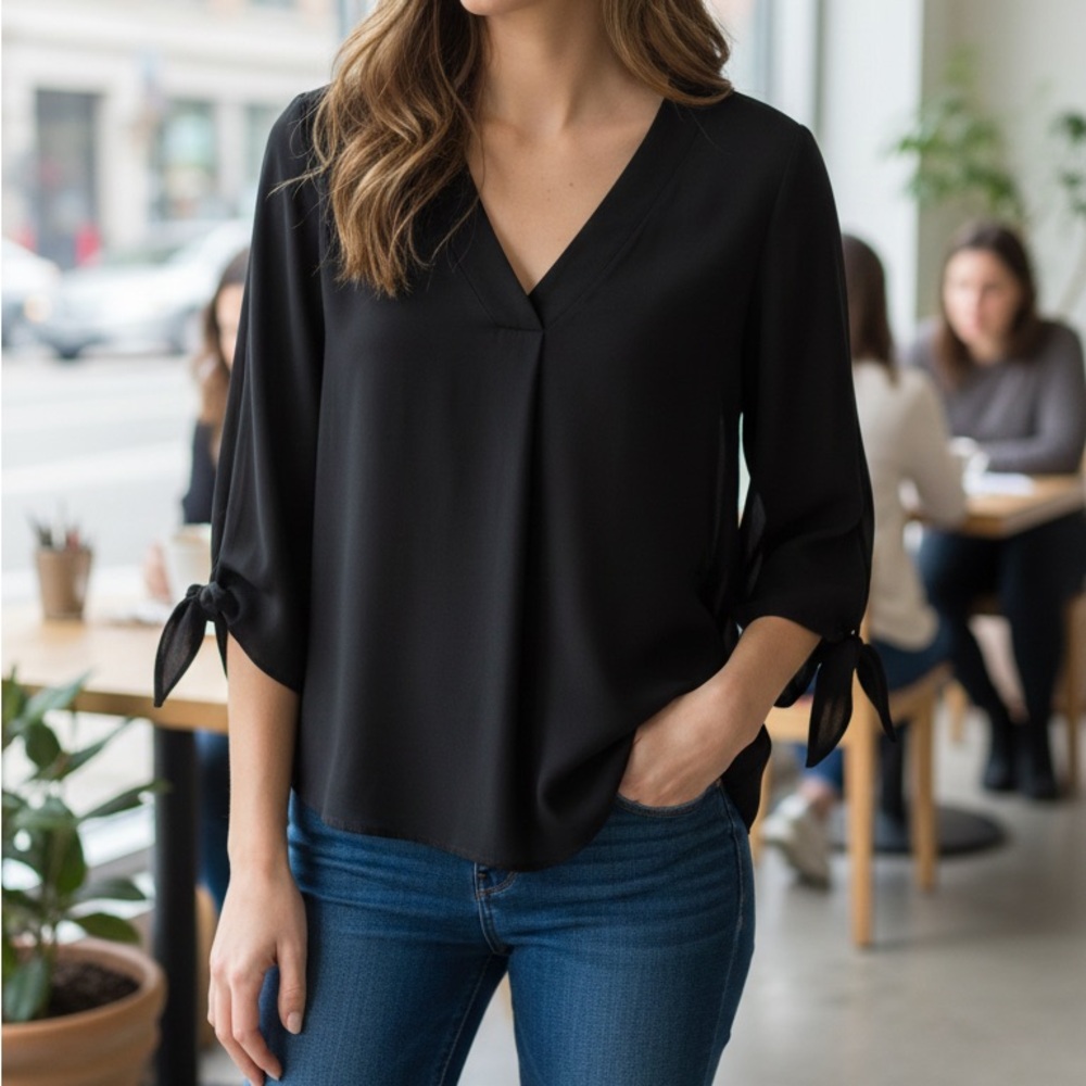 Lush Black V-Neck Blouse with Tie Sleeves